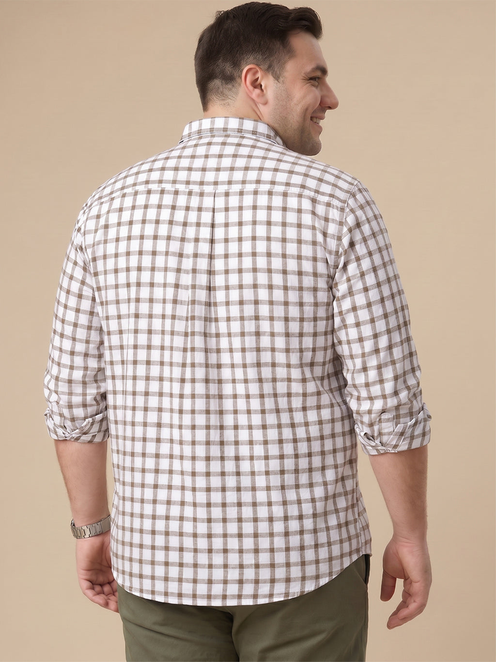Thomas Scott Men Premium Brown Plus Size Regular Fit Long Sleeves Button Down Collar Gingham Checks Cotton Linen Casual Shirt