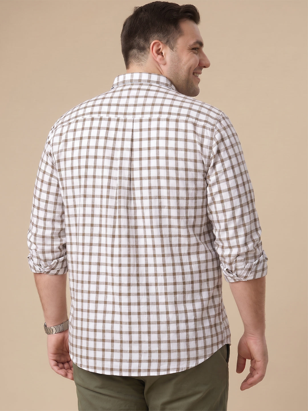 Thomas Scott Men Premium Brown Plus Size Regular Fit Long Sleeves Button Down Collar Gingham Checks Cotton Linen Casual Shirt