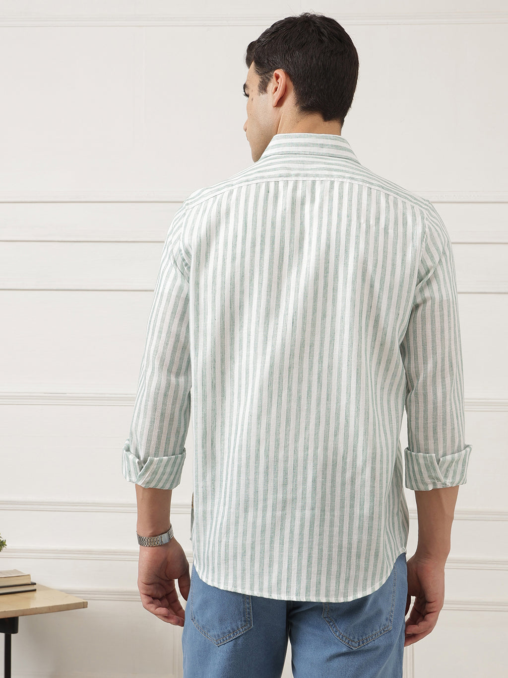 Green Premium Regular Fit Long Sleeves Vertical Striped Cotton Linen Casual Shirt For Men