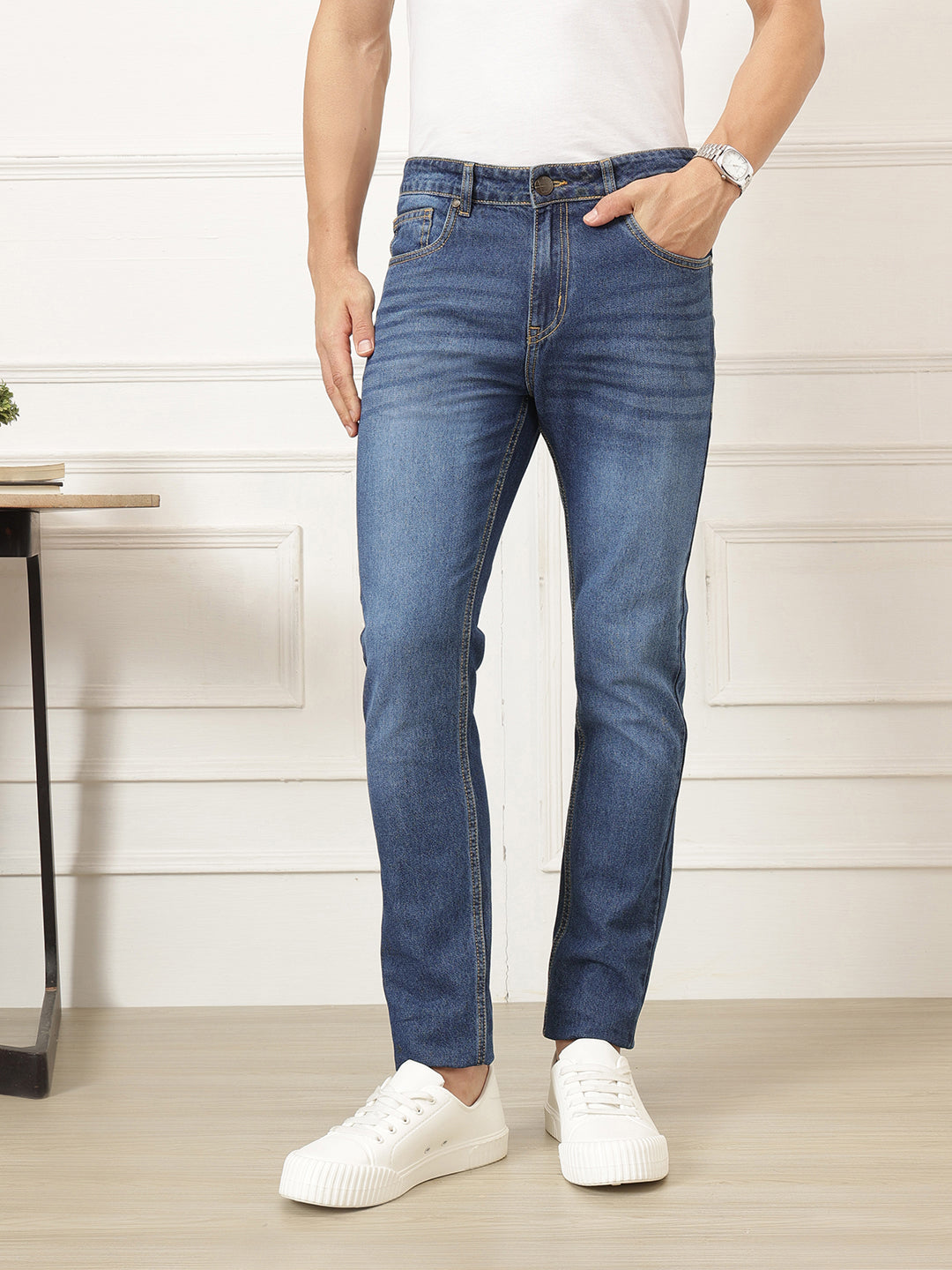 Blue Smart Slim Fit Mid-Rise Light Fade Non-Stretch Jeans For Men