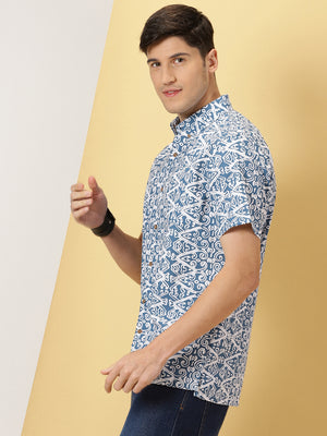 Thomas Scott Men Teal Smart Comfort Fit Short Sleeves Button-Down Collar Floral Printed Cotton Casual Shirt