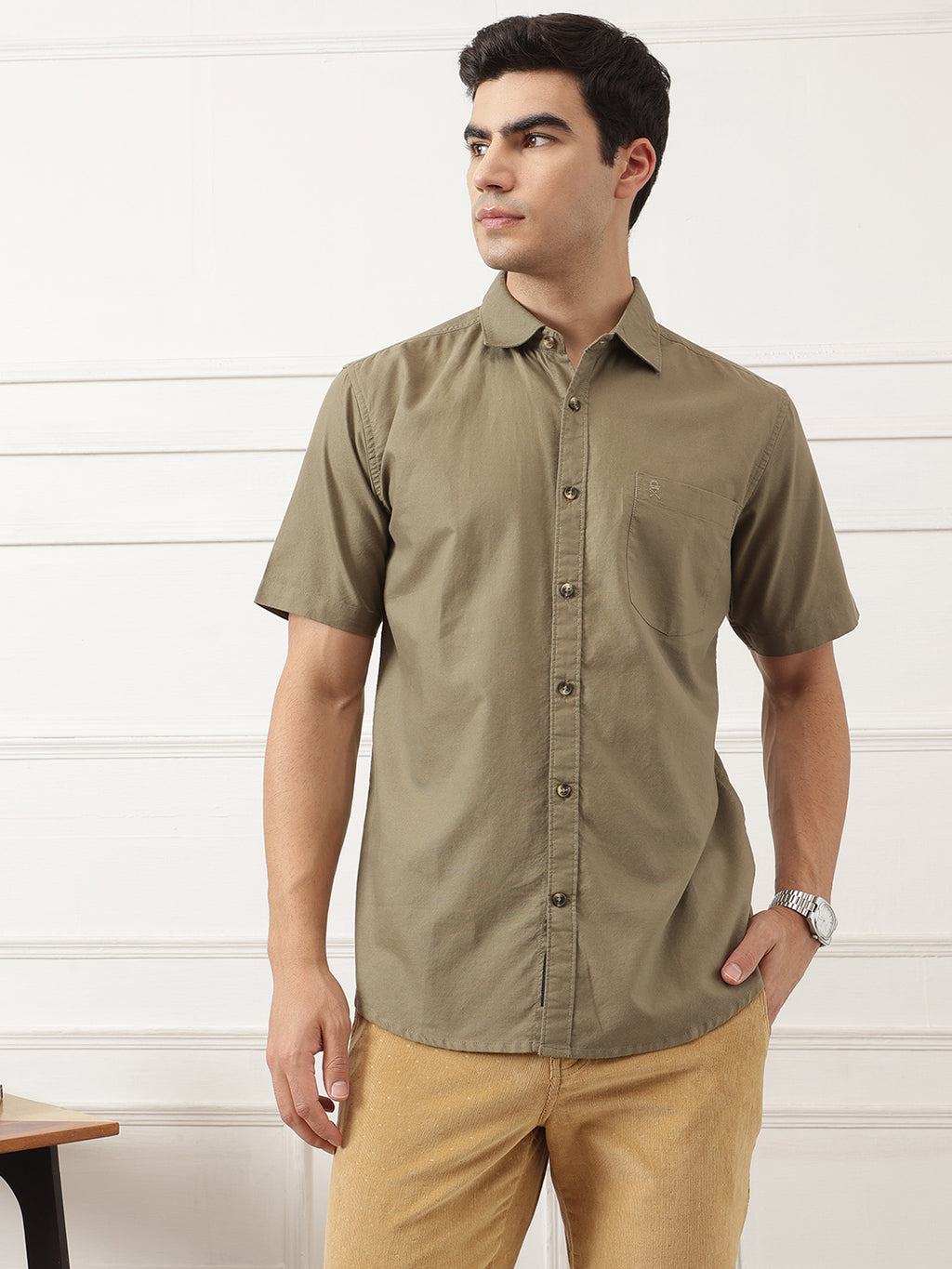 Light Khaki Regular Fit Short Sleeve Spread Collar Solid Oxford Cotton Casual Shirt For Men