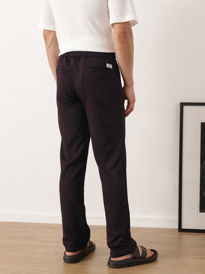 Thomas Scott Men Wine Smart Regular Fit Mid-Rise Textured Pleated Knitted Casual Trousers with Drawstring Closure