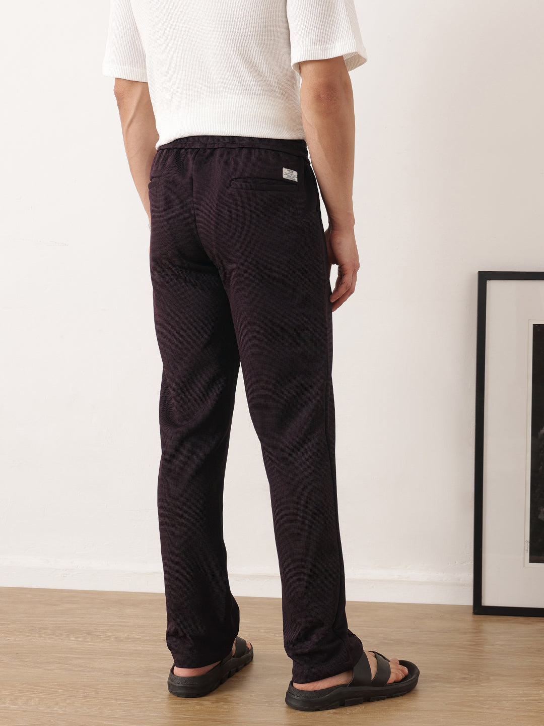 Thomas Scott Men Wine Smart Regular Fit Mid-Rise Textured Pleated Knitted Casual Trousers with Drawstring Closure