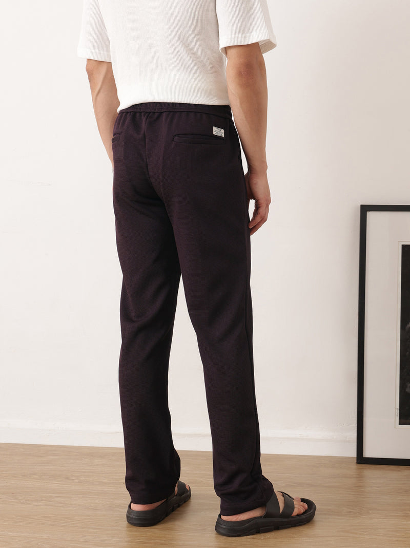 Thomas Scott Men Wine Smart Regular Fit Mid-Rise Textured Pleated Knitted Casual Trousers with Drawstring Closure