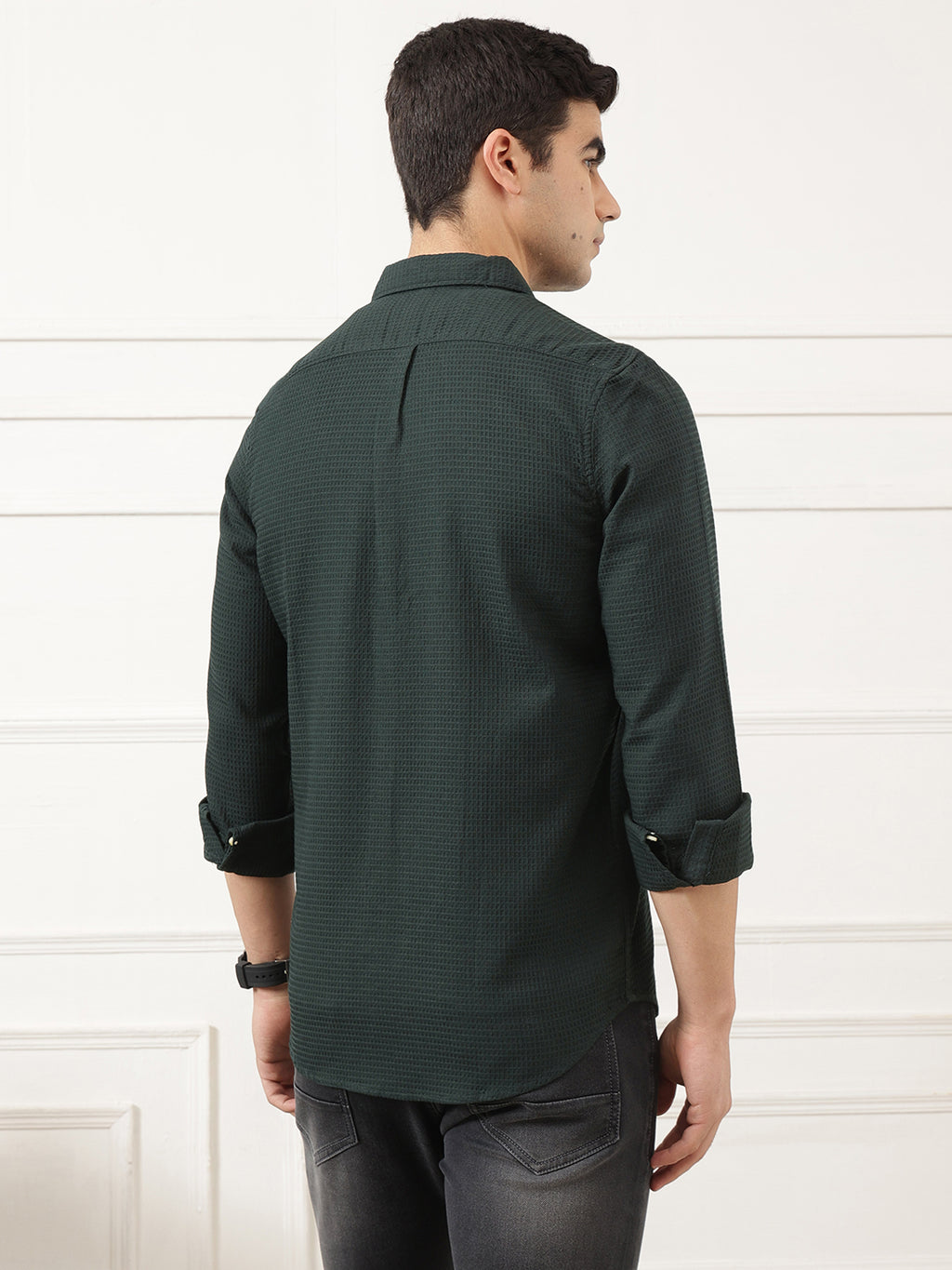 Green Premium Regular Fit Long Sleeves Spread Collar Textured Cotton Casual Shirt For Men
