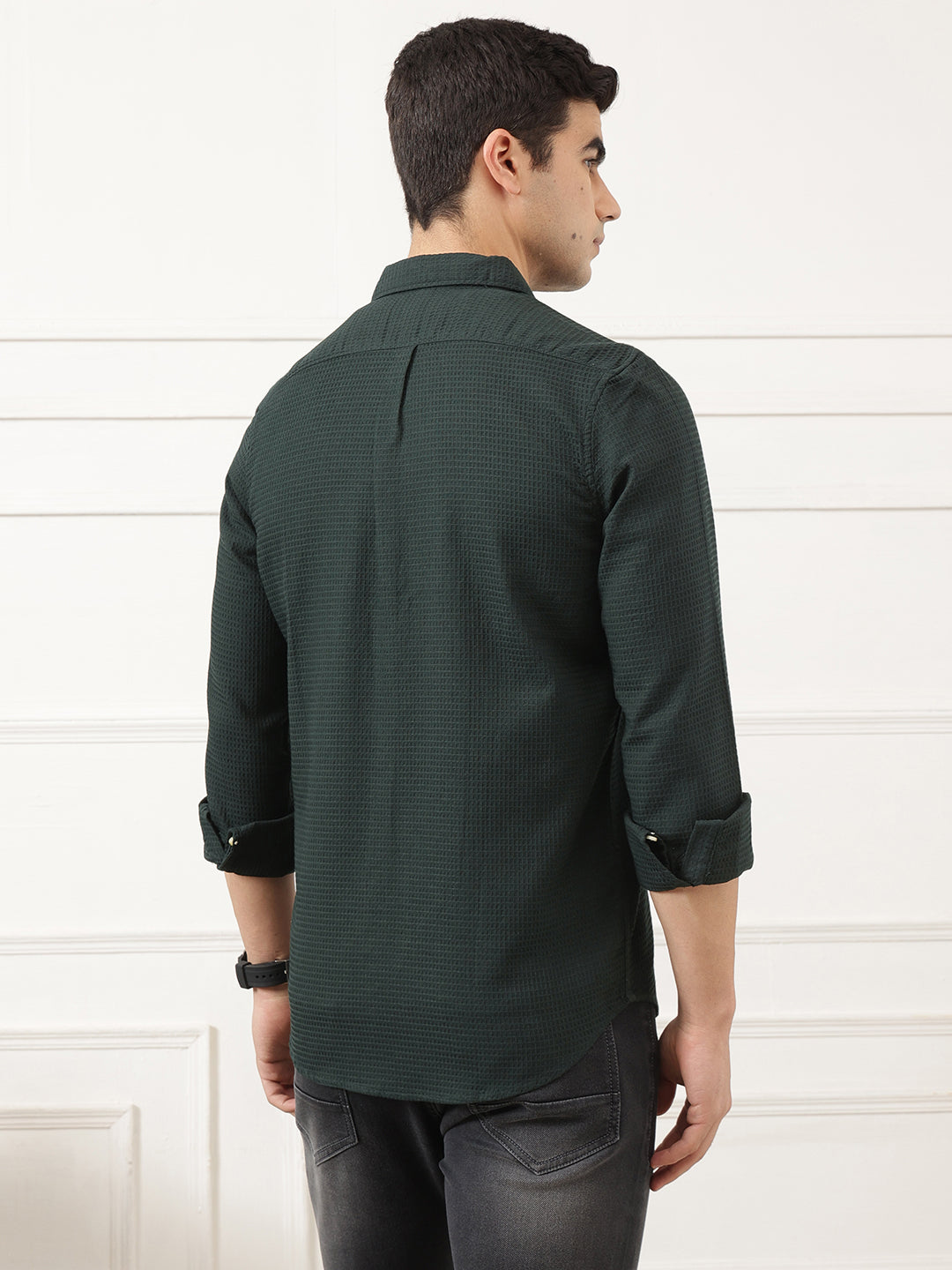 Green Premium Regular Fit Long Sleeves Spread Collar Textured Cotton Casual Shirt For Men