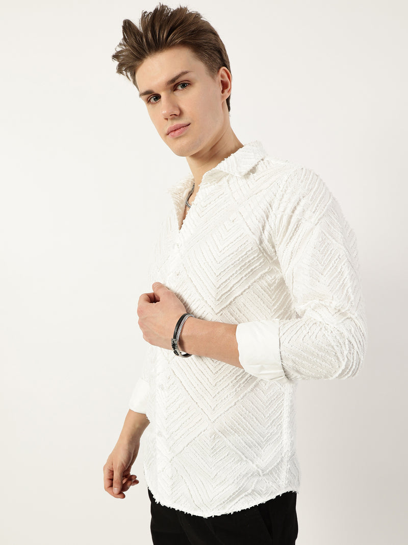 Thomas Scott Men White Premium Long Sleeves Slim Fit Spread Collar Textured Casual Shirt