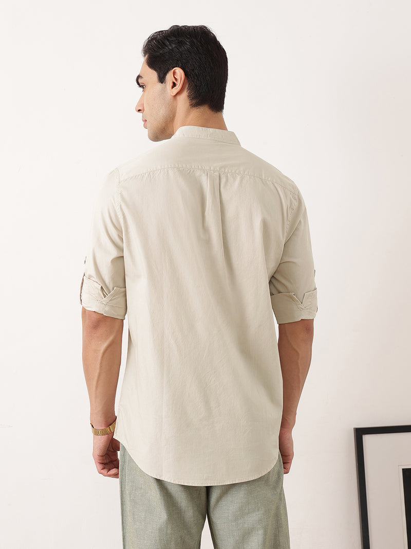 Thomas Scott Men Beige Premium Regular Fit Long Roll-Up Sleeves Mandarin Collar Solid Cotton Casual Shirts
