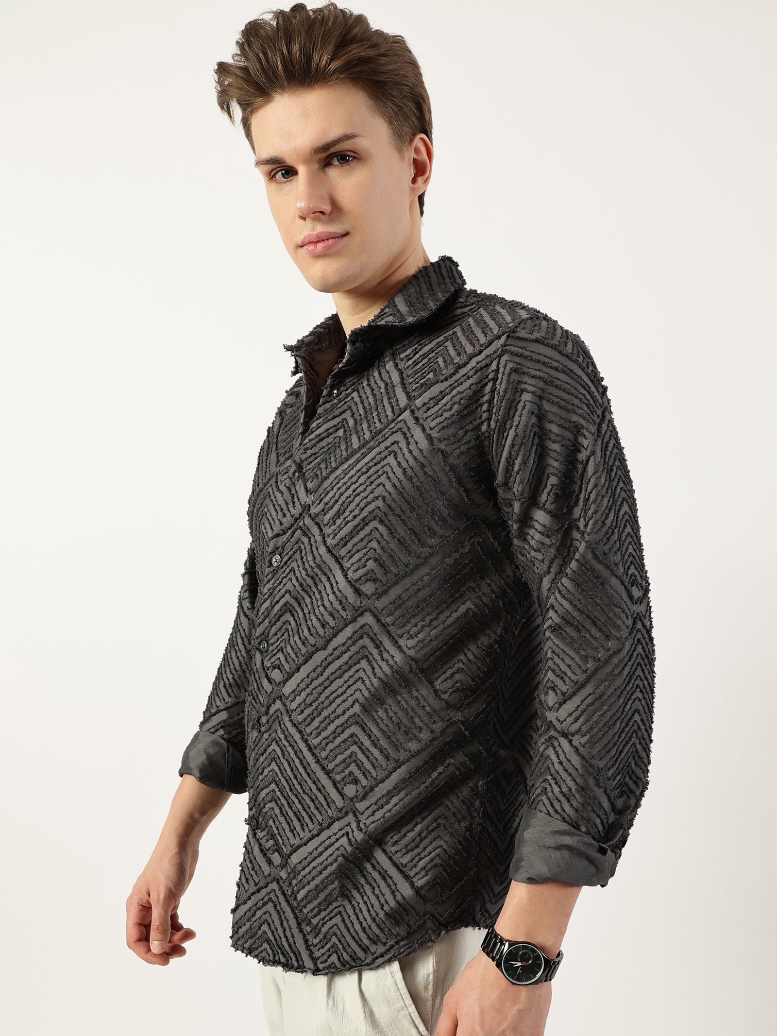 Thomas Scott Men Grey Premium Long Sleeves Slim Fit Spread Collar Textured Casual Shirt