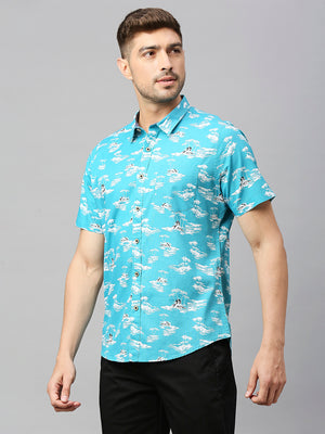 Thomas Scott Men Turquoise Classic Short Sleeves Slim Fit Spread Collar Conversational Printed Cotton Casual Shirt