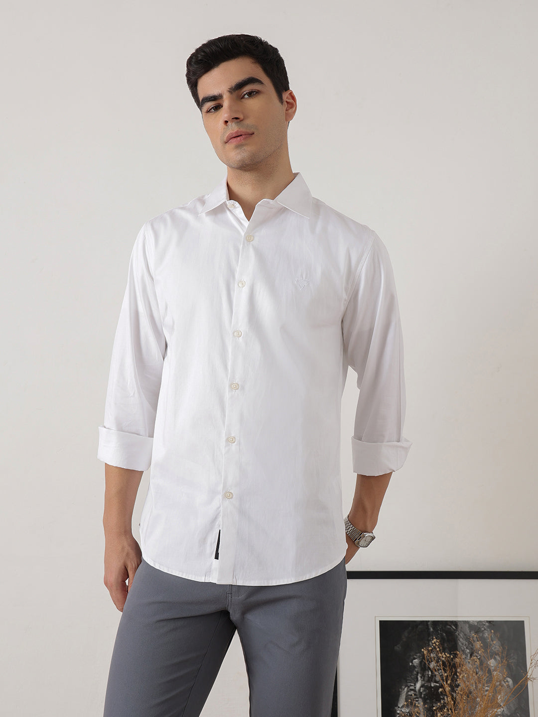 White Premium Slim Fit Solid Cotton Casual Shirt For Men