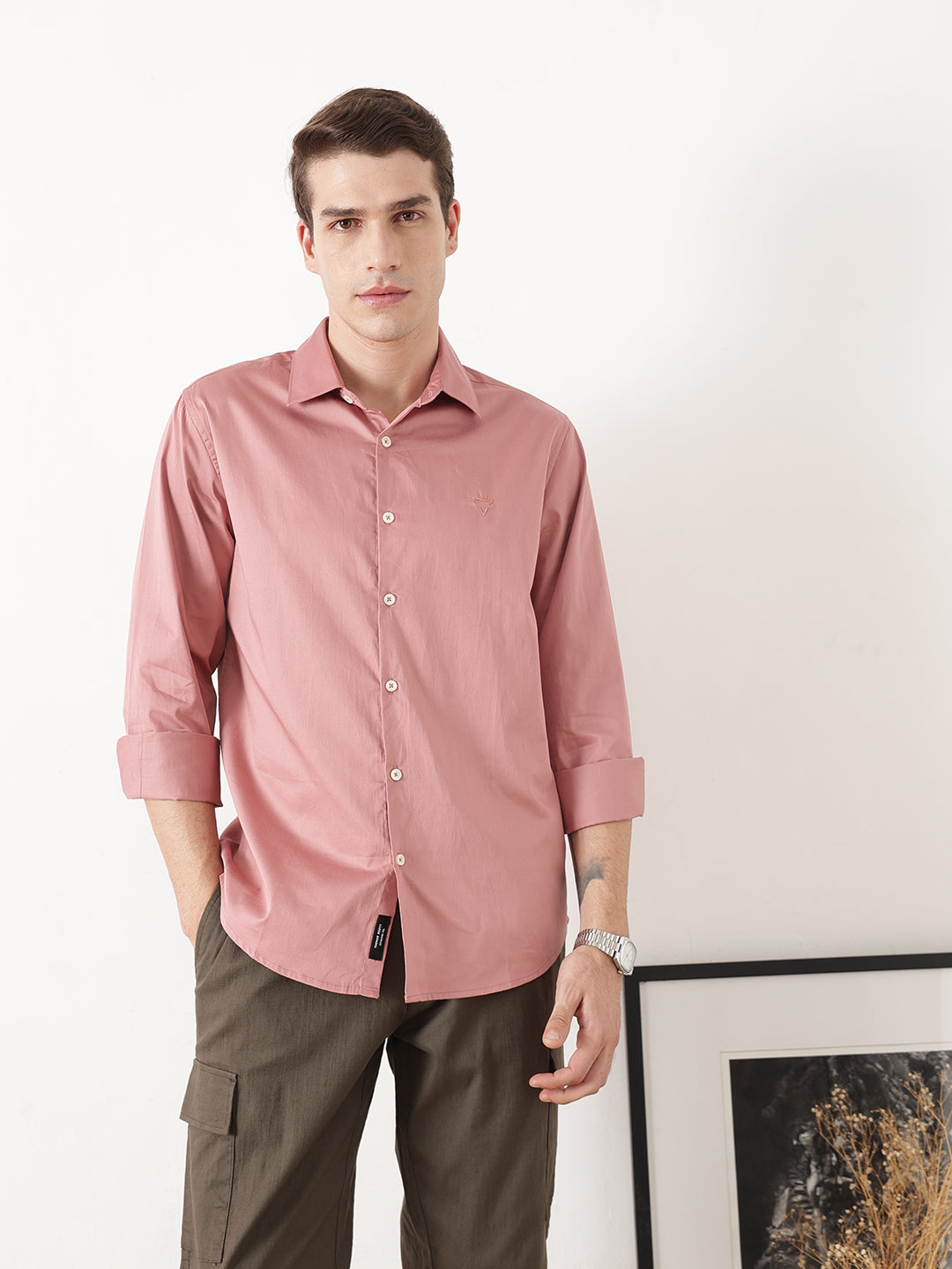 Peach Premium Slim Fit Solid Cotton Casual Shirt For Men