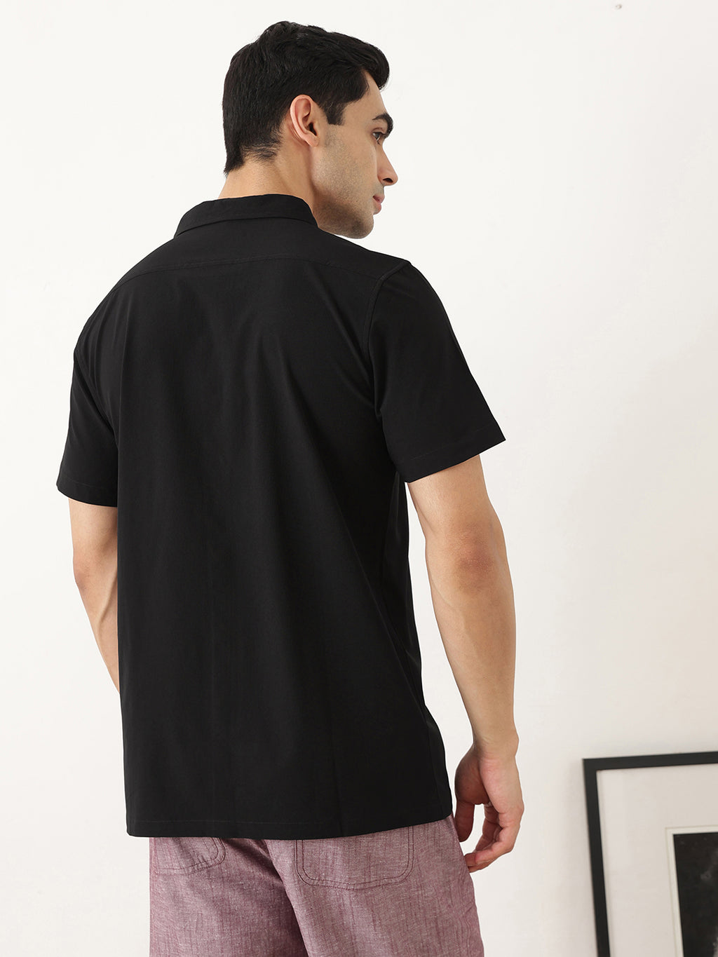 Thomas Scott Men Premium Black Slim Fit Short Sleeves Spread Collar Solid Casual Shirt