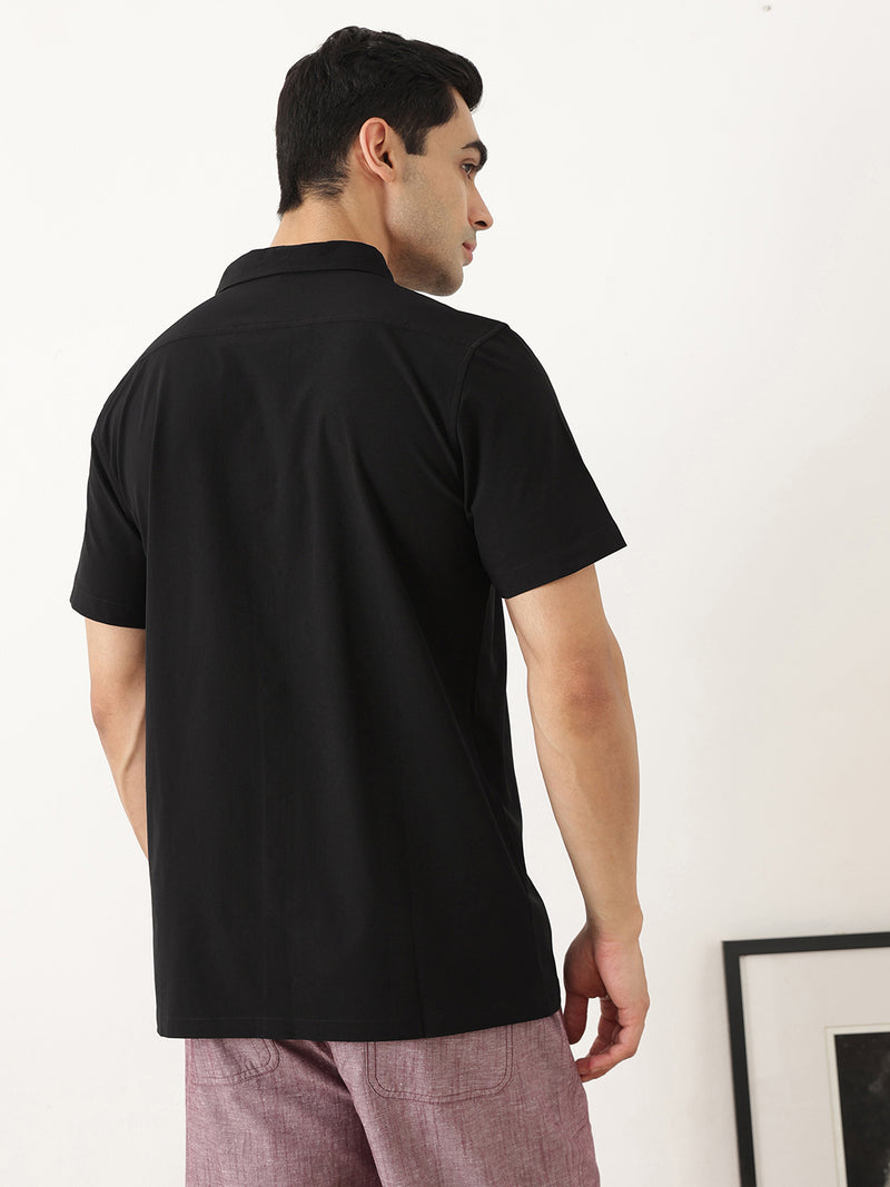 Thomas Scott Men Premium Black Slim Fit Short Sleeves Spread Collar Solid Casual Shirt