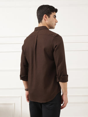 Brown Premium Regular Fit Long Sleeves Spread Collar Textured Cotton Casual Shirt For Men