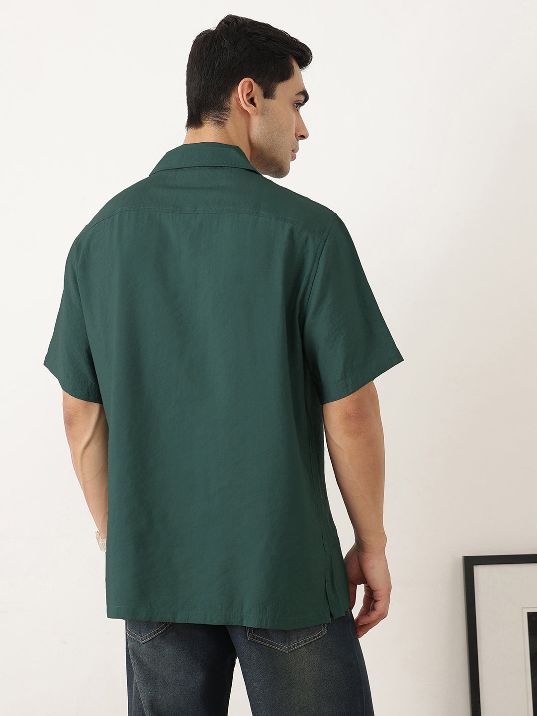 Thomas Scott Men Premium Green Oversize Fit Short Sleeves Cuban Collar Textured Casual Shirt