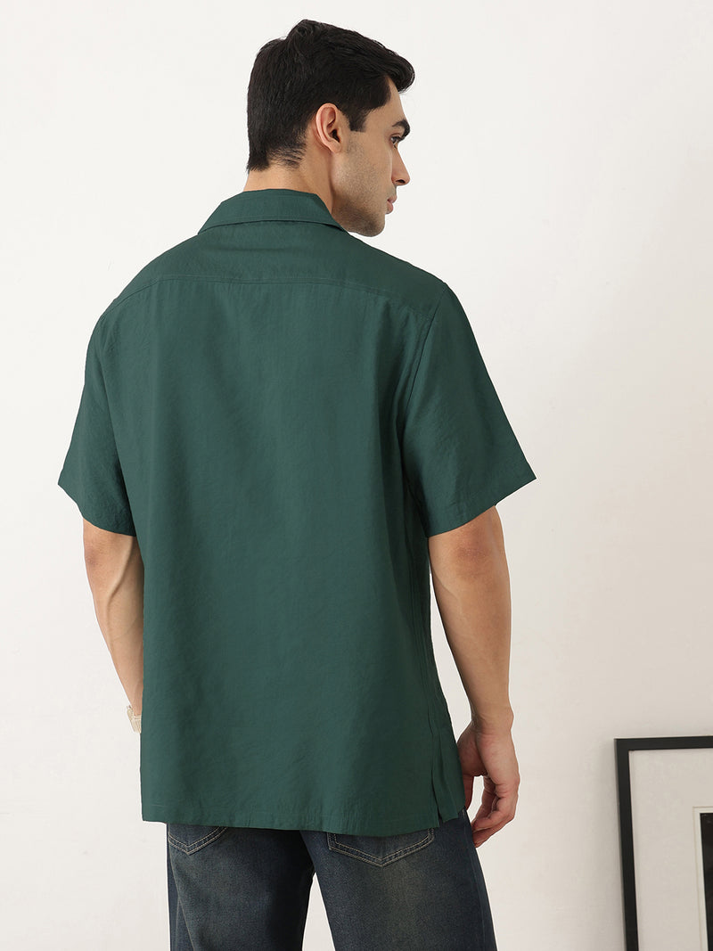 Thomas Scott Men Premium Green Oversize Fit Short Sleeves Cuban Collar Textured Casual Shirt