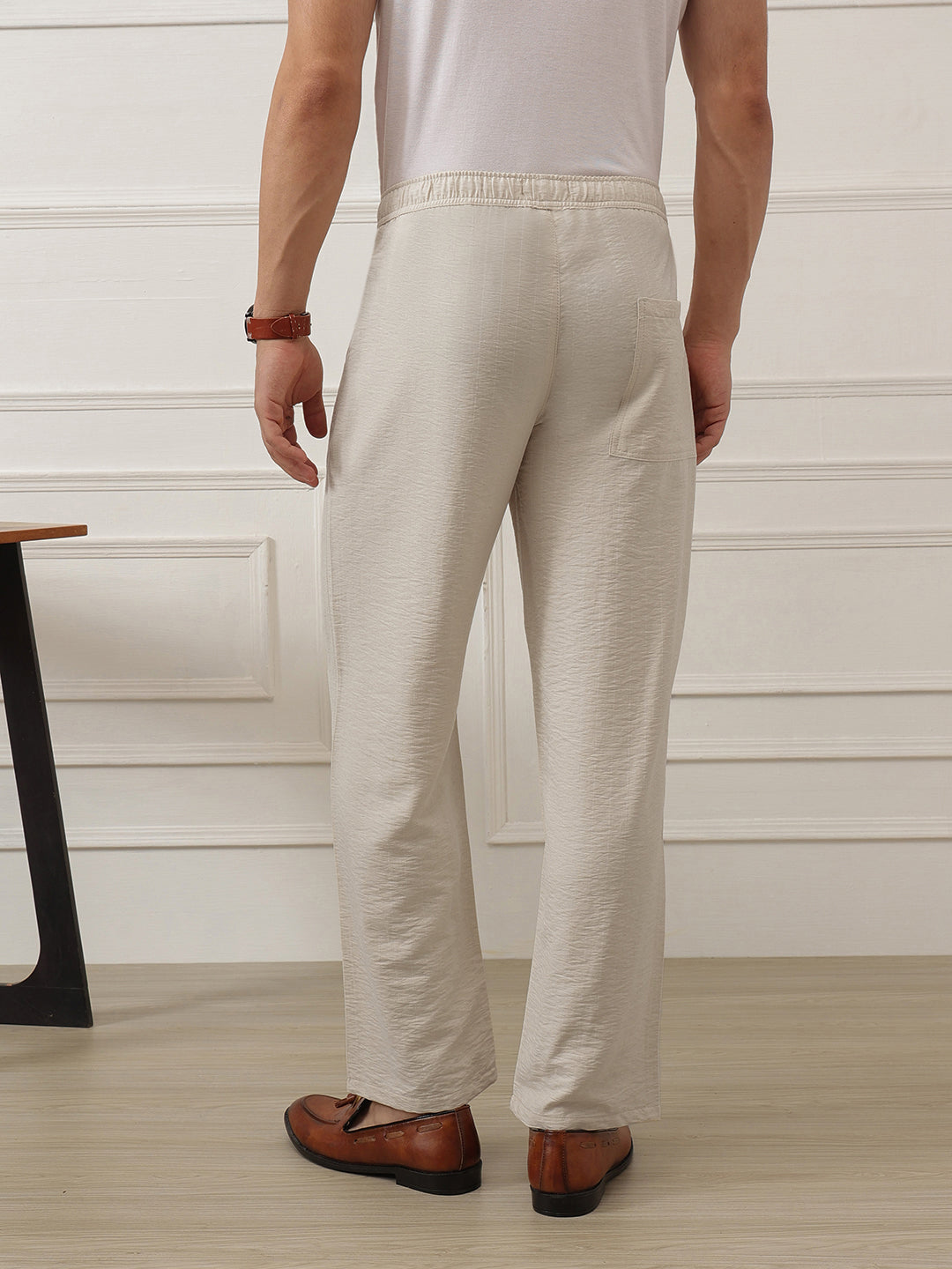 Thomas Scott Men Natural Smart Straight Fit Mid-Rise Pleated Woven Trouser