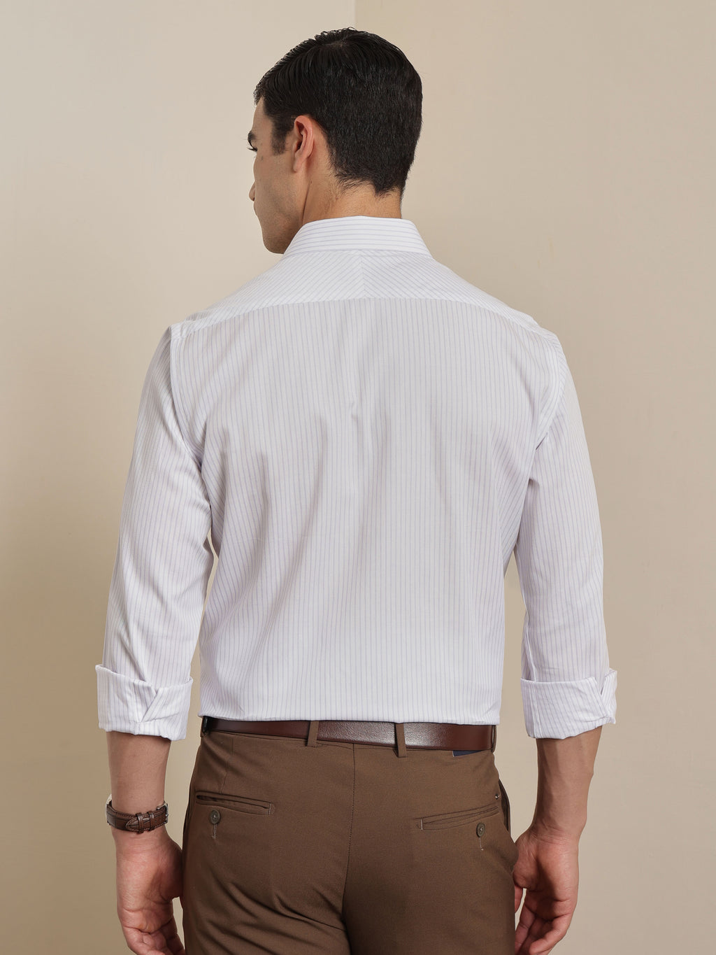 Thomas Scott Men Premium Violet Vertical Stripes Cotton Formal Shirt with Spread Collar & Full Sleeves