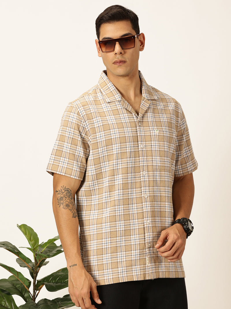 Thomas Scott Men Beige Premium Oversized Short Sleeves Tartan Checks Cuban Collar Casual Shirts