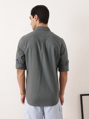 Thomas Scott Men Steel Grey Premium Slim Fit Long Roll-Up Sleeves Spread Collar Solid Cotton Casual Shirt with Flap Pockets