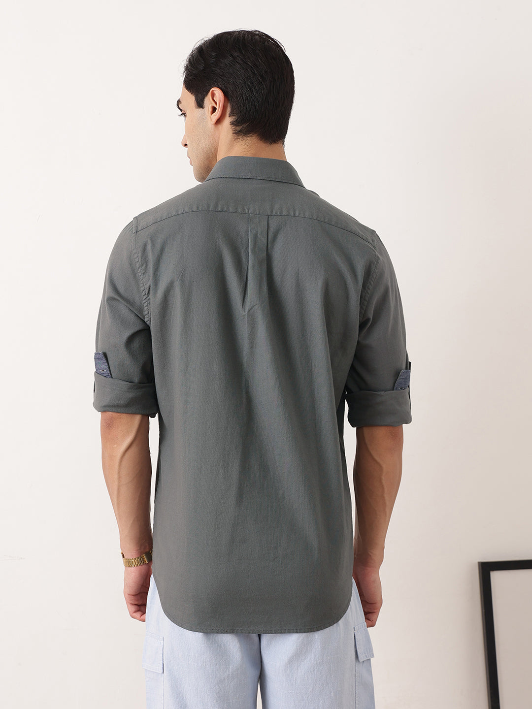Thomas Scott Men Steel Grey Premium Slim Fit Long Roll-Up Sleeves Spread Collar Solid Cotton Casual Shirt with Flap Pockets