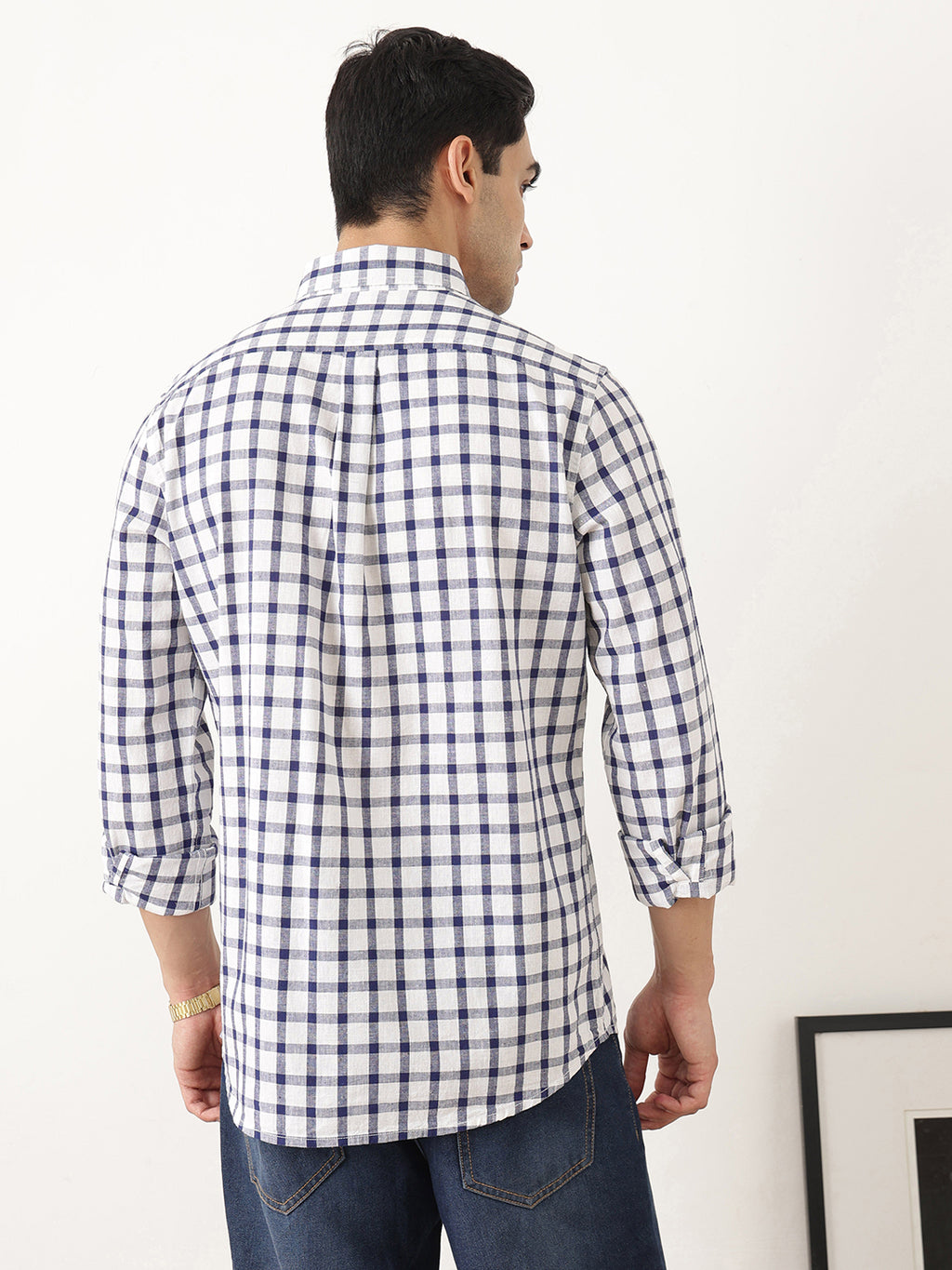 Thomas Scott Men Navy Regular Fit Long Sleeves Gingham Checks Button Down Collar Cotton Linen Casual Shirts
