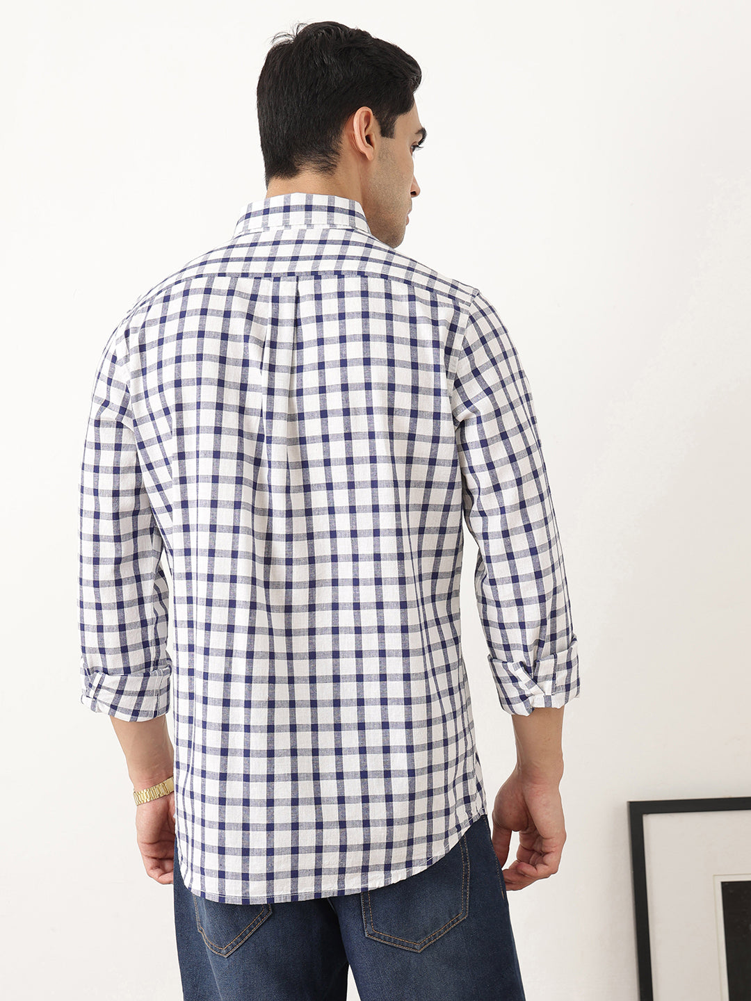 Thomas Scott Men Navy Regular Fit Long Sleeves Gingham Checks Button Down Collar Cotton Linen Casual Shirts