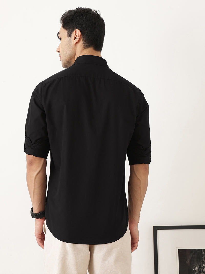 Thomas Scott Men Black Premium Slim Fit Long Roll-Up Sleeves Spread Collar Solid Cotton Casual Shirts