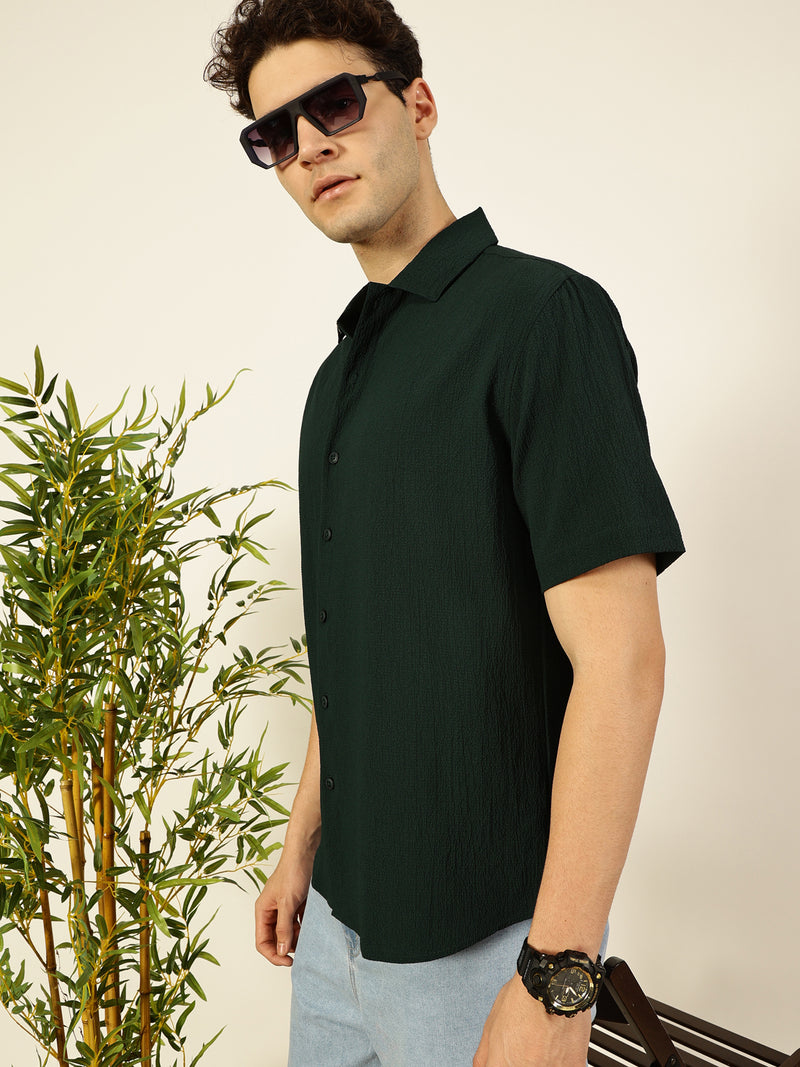 Thomas Scott Men Bottle Green Premium Short Sleeves Regular Fit Spread Collar Textured Seersucker Shirt