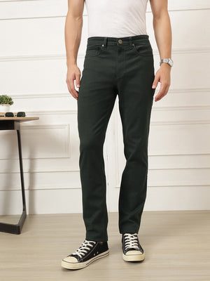 Olive Smart Straight Fit Mid-Rise Solid Woven Trouser For Men
