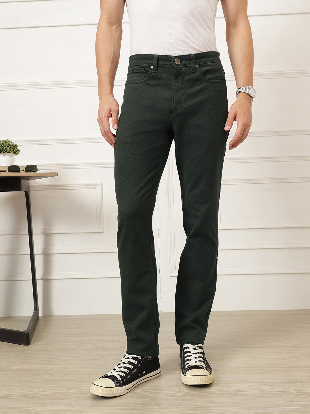 Olive Smart Straight Fit Mid-Rise Solid Woven Trouser For Men