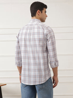 Grey Premium Slim Fit Graphic Checked Cotton Linen Casual Shirt For Men