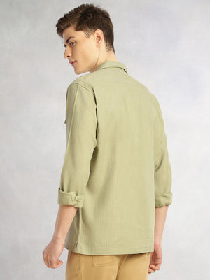 Thomas Scott Men Green Oversize Fit Long Sleeves Cuban Collar Cotton Casual Shirt with Dual Flap Pockets