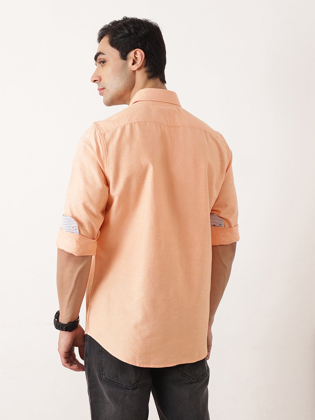 Thomas Scott Men Orange Premium Slim Fit Long Sleeves Spread Collar Solid Cotton Twill Shirt