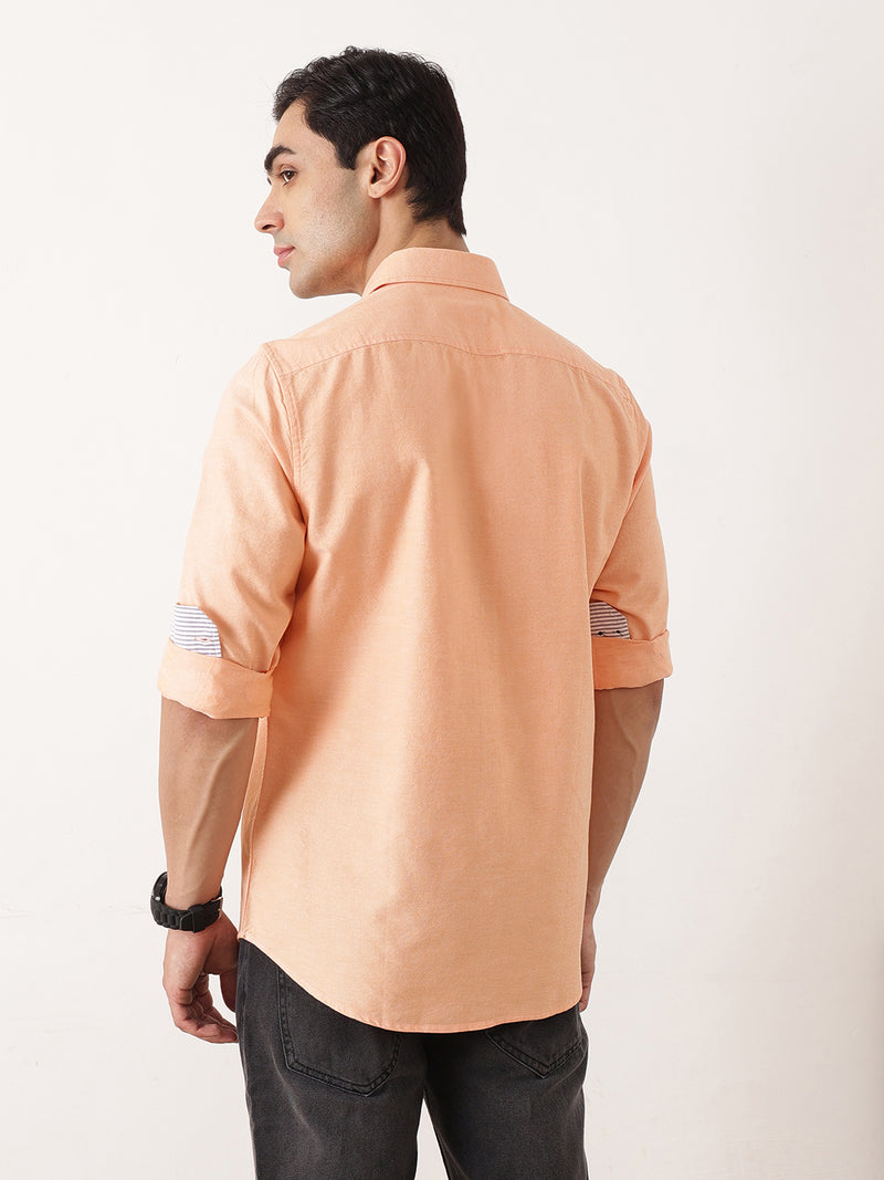 Thomas Scott Men Orange Premium Slim Fit Long Sleeves Spread Collar Solid Cotton Twill Shirt