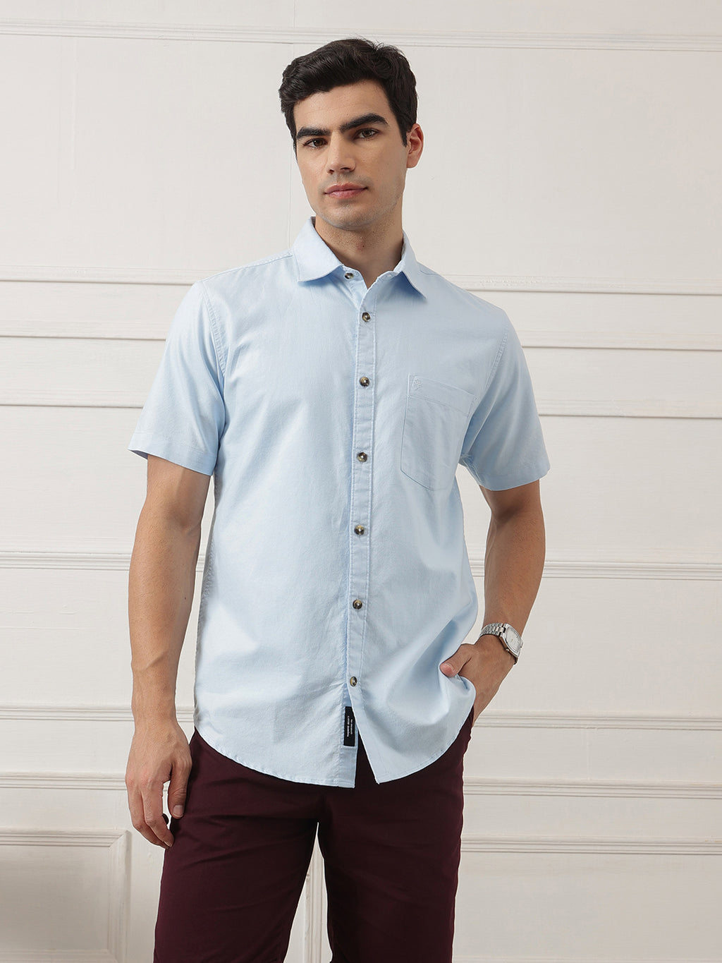 Sky Blue Regular Fit Short Sleeve Spread Collar Solid Oxford Cotton Casual Shirt For Men