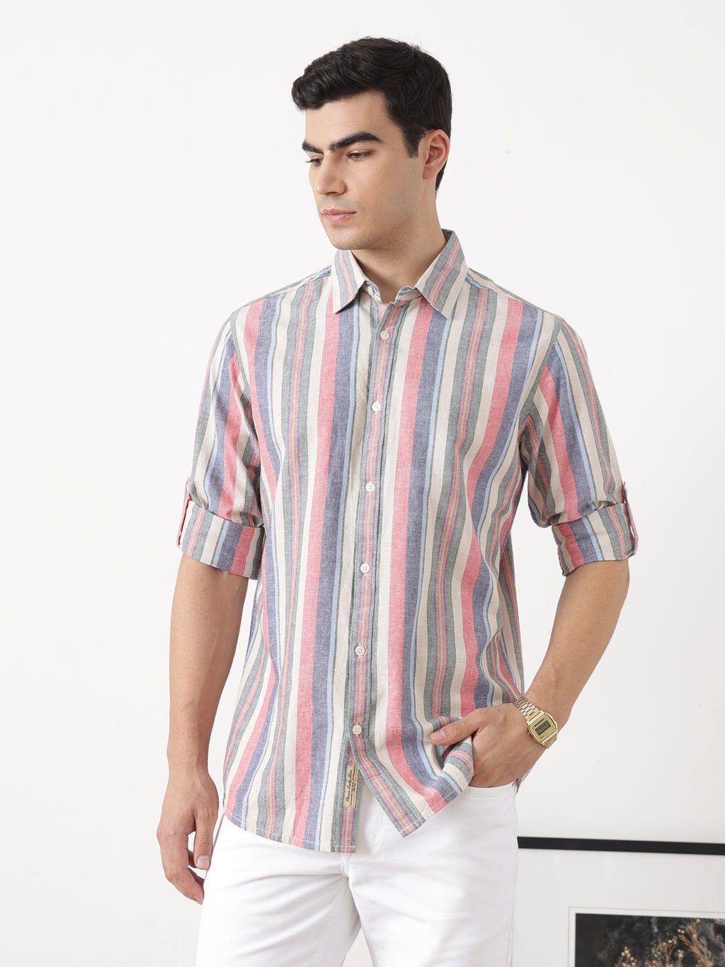 Natural Regular Fit Roll-Up Sleeve Spread Collar Vertical Striped Cotton Linen Casual Shirt For Men