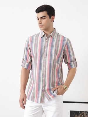 Natural Regular Fit Roll-Up Sleeve Spread Collar Vertical Striped Cotton Linen Casual Shirt For Men