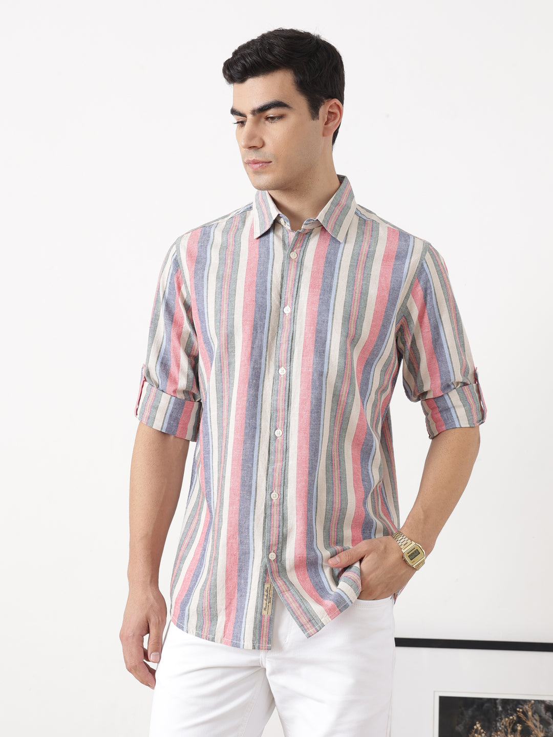 Natural Regular Fit Roll-Up Sleeve Spread Collar Vertical Striped Cotton Linen Casual Shirt For Men