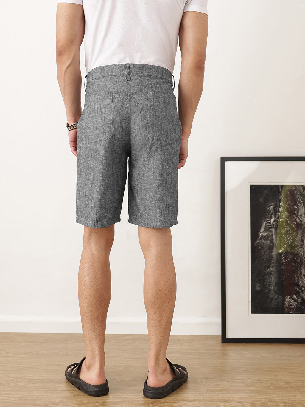 Thomas Scott Men Black Regular Fit Mid-Rise Solid Woven Cotton Linen Shorts