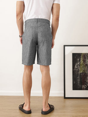 Thomas Scott Men Black Regular Fit Mid-Rise Solid Woven Cotton Linen Shorts