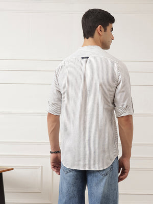 Navy Regular Fit Vertical Striped Cotton Linen Casual Shirt For Men with Roll-Up Sleeves