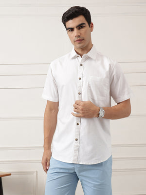 Optical White Regular Fit Short Sleeve Spread Collar Solid Oxford Cotton Casual Shirt For Men
