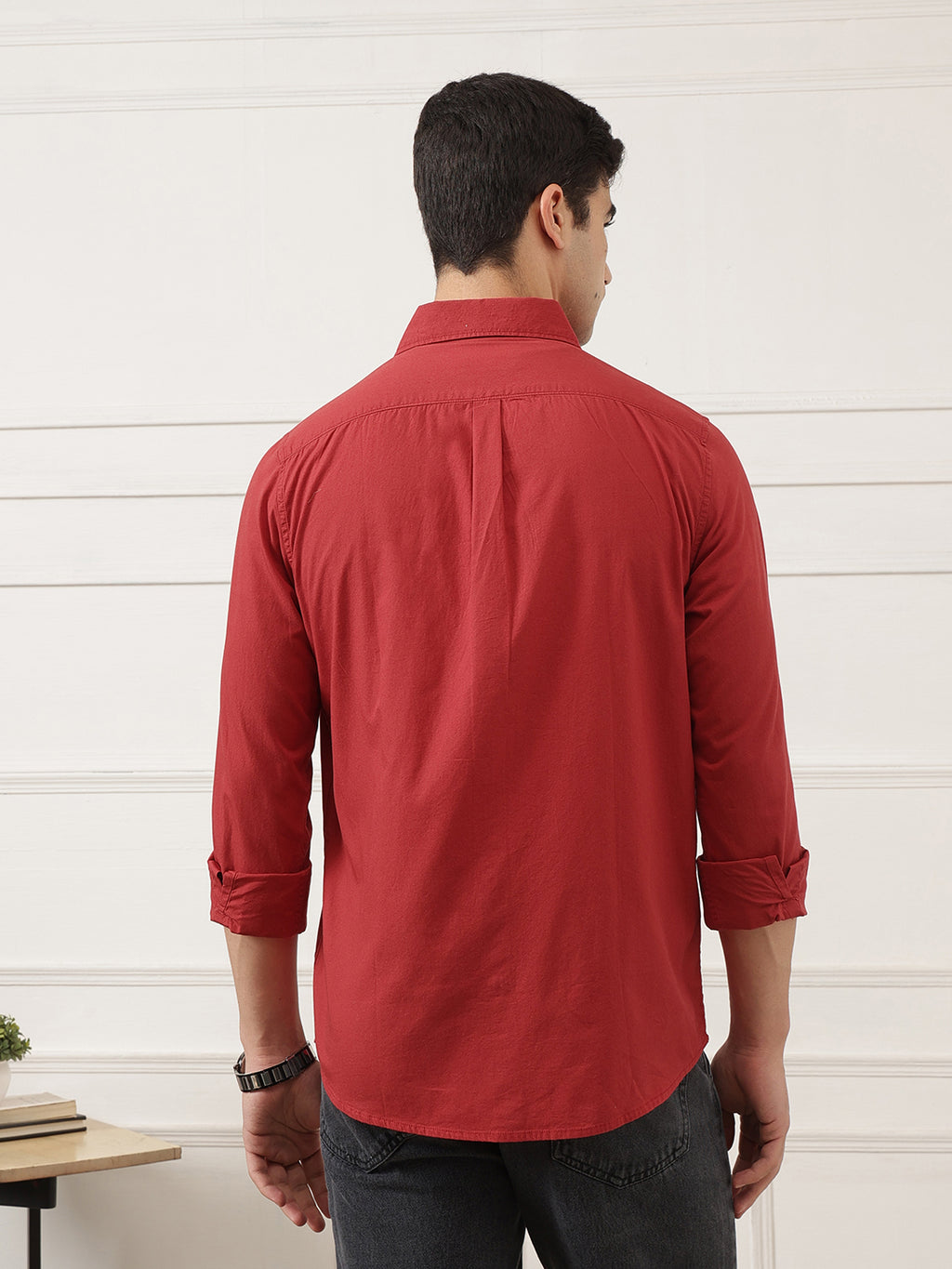 Maroon Premium Regular Fit Long Sleeves Spread Collar Solid Cotton Casual Shirt For Men