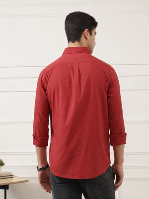 Maroon Premium Regular Fit Long Sleeves Spread Collar Solid Cotton Casual Shirt For Men