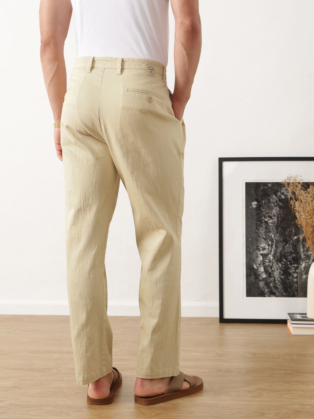 Thomas Scott Men Beige Smart Solid Regular Fit Woven Linen Pleated Trousers