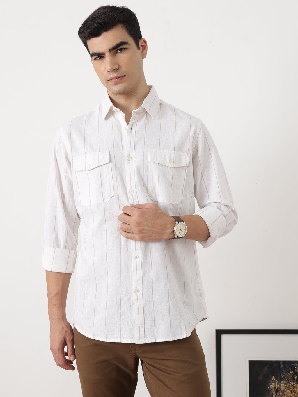 Natural Regular Fit Long Sleeves Spread Collar Vertical Stripes Cotton Linen Casual Shirt For Men