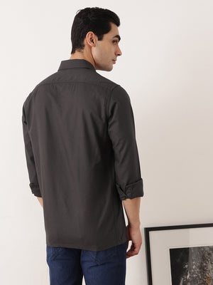 Thomas Scott Men Dark Grey Premium Regular Fit Long Sleeves Spread Collar Solid Cotton Casual Shirt with 2 Flap Pockets